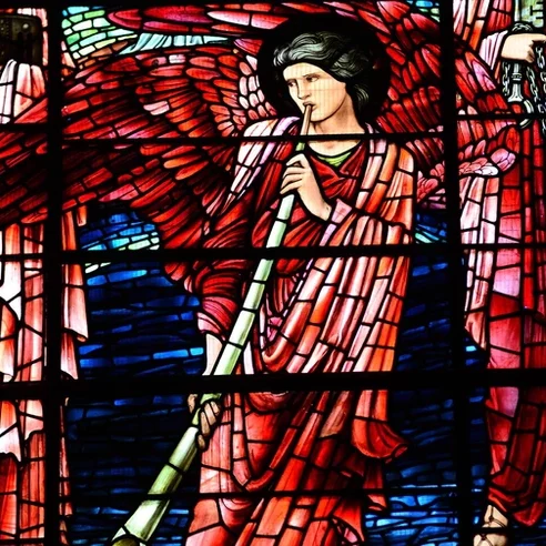 A close up of the Archangel Michael from The Last Judgement window.