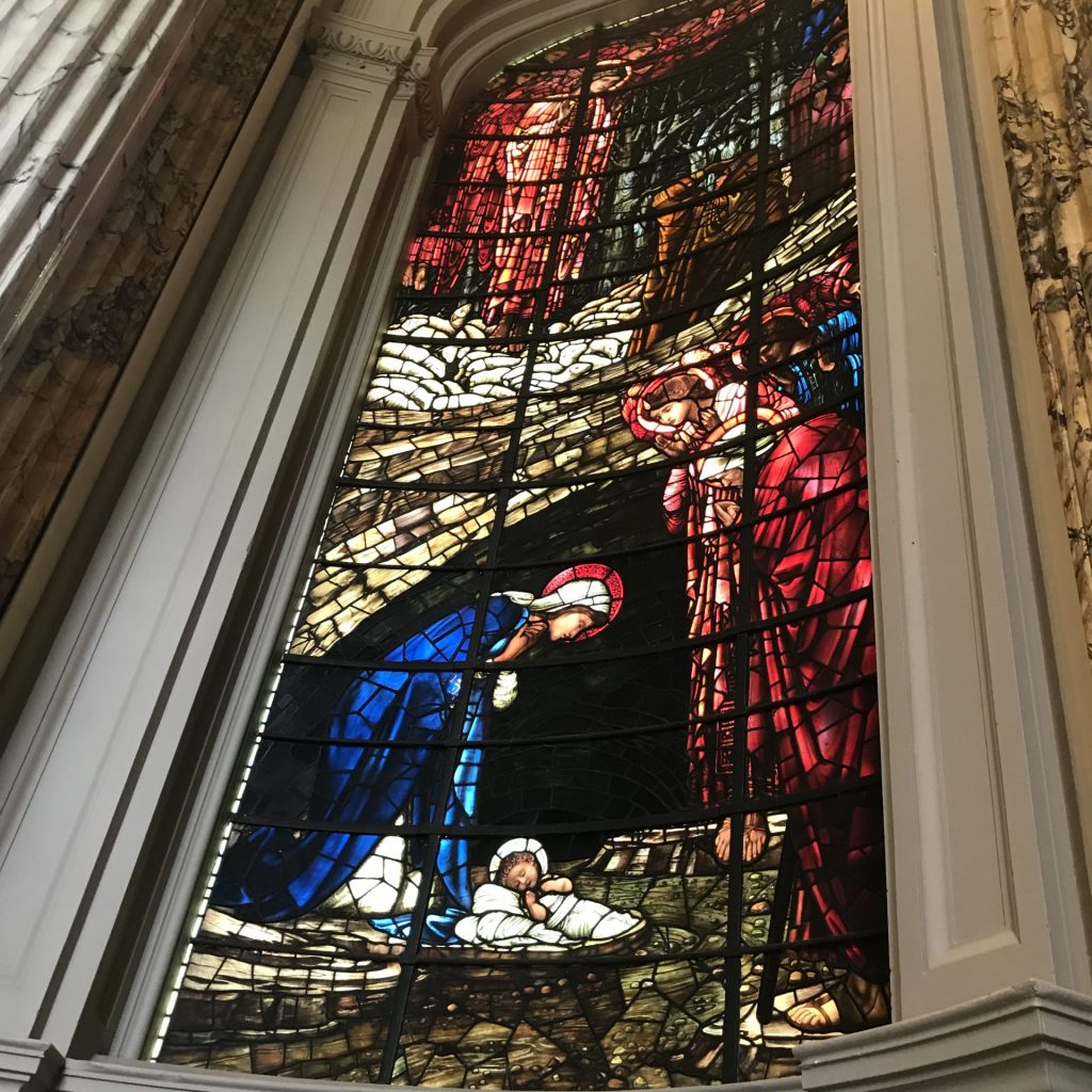 The Nativity window as viewed from the floor of Birmingham Cathedral.
