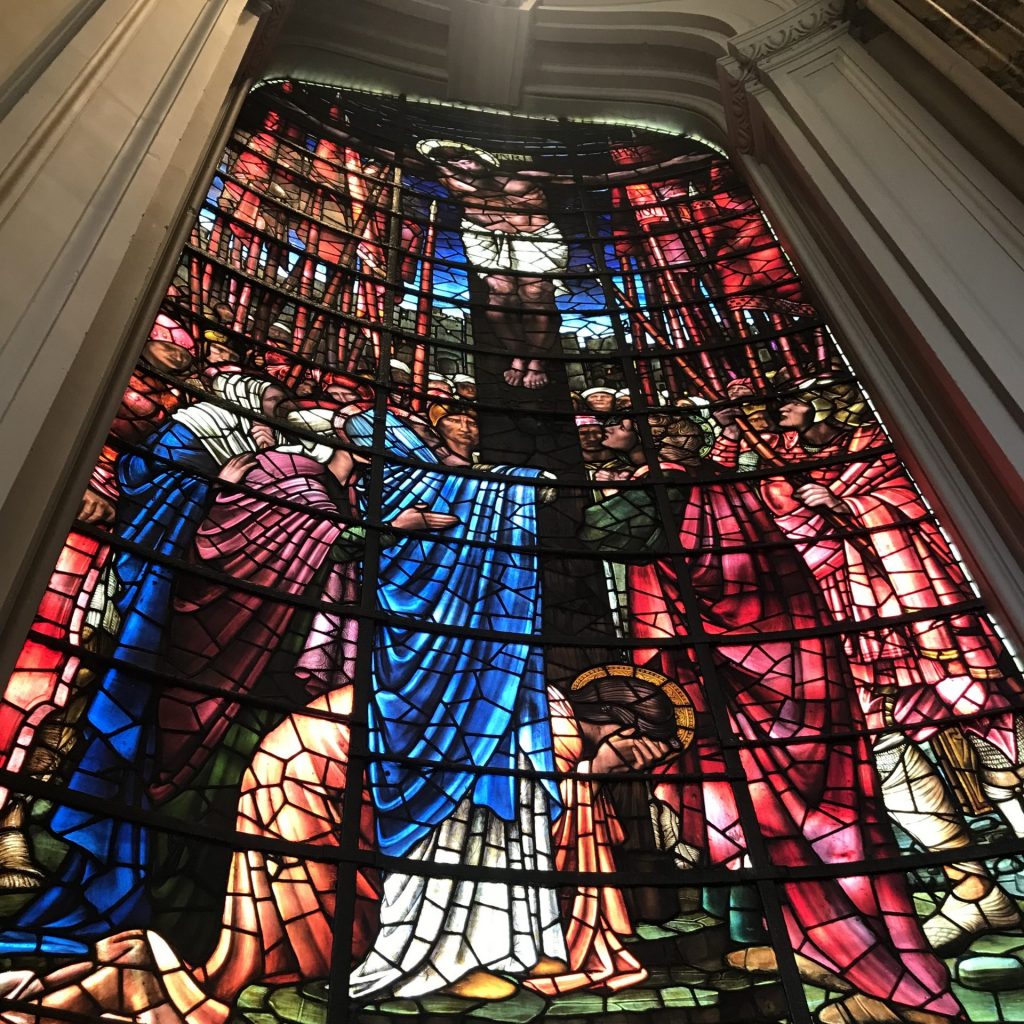 The Crucifixion window as viewed from below.