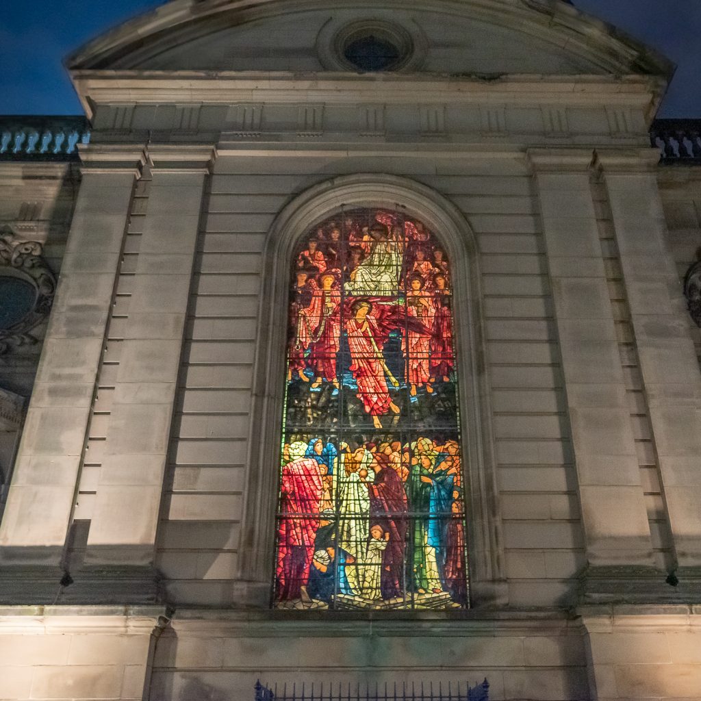 The Last Judgement window from the outside of Birmingham Cathedral.